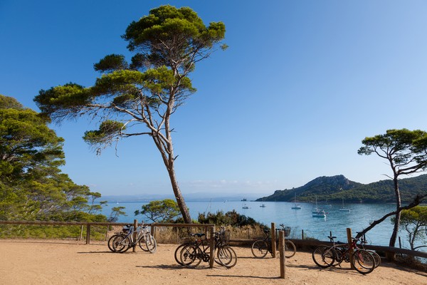 Vélos avec vue sur la mer sur l'ile de Porquerolles en France.